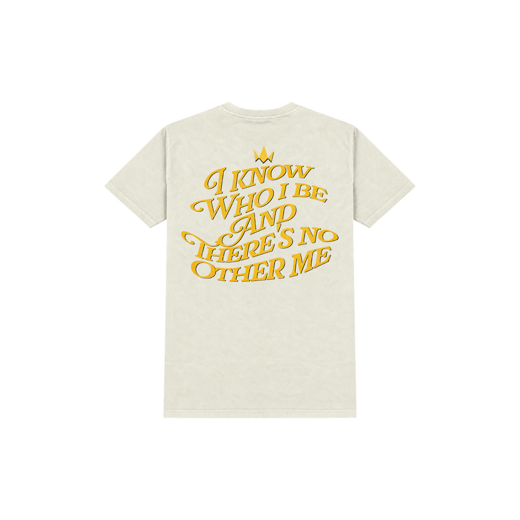 Back of cream T-shirt with gold No Other Me text