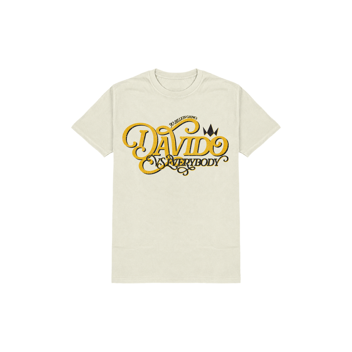 Front of cream Davido Vs Everybody T-shirt with ornate gold and black lettering