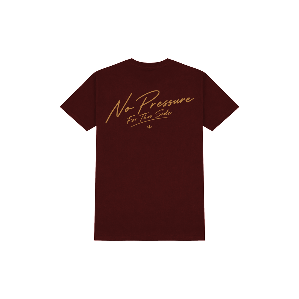 Back of burgundy Davido Ori Adé T-shirt with gold No Pressure For This Side lettering
