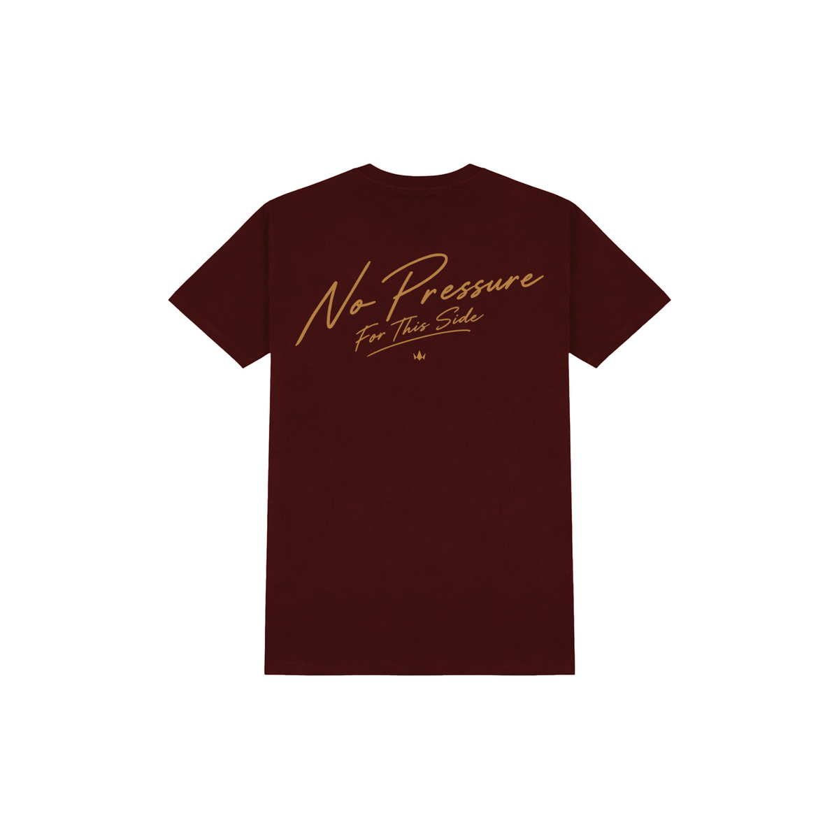 Back of burgundy Davido Ori Adé T-shirt with gold No Pressure For This Side lettering