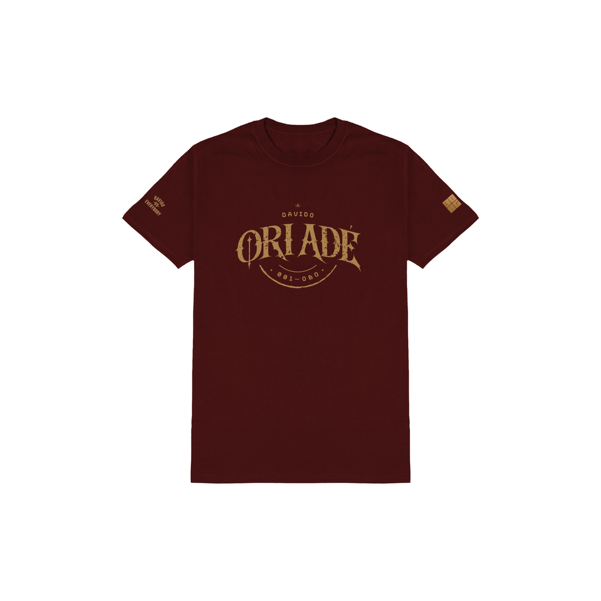 Front of burgundy Davido Ori Adé emblem T-shirt with sleeve graphics